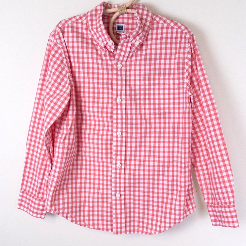 Janie and Jack Button Down Shirt Kids 6‎ Coral Pink Gingham Long Sleeve